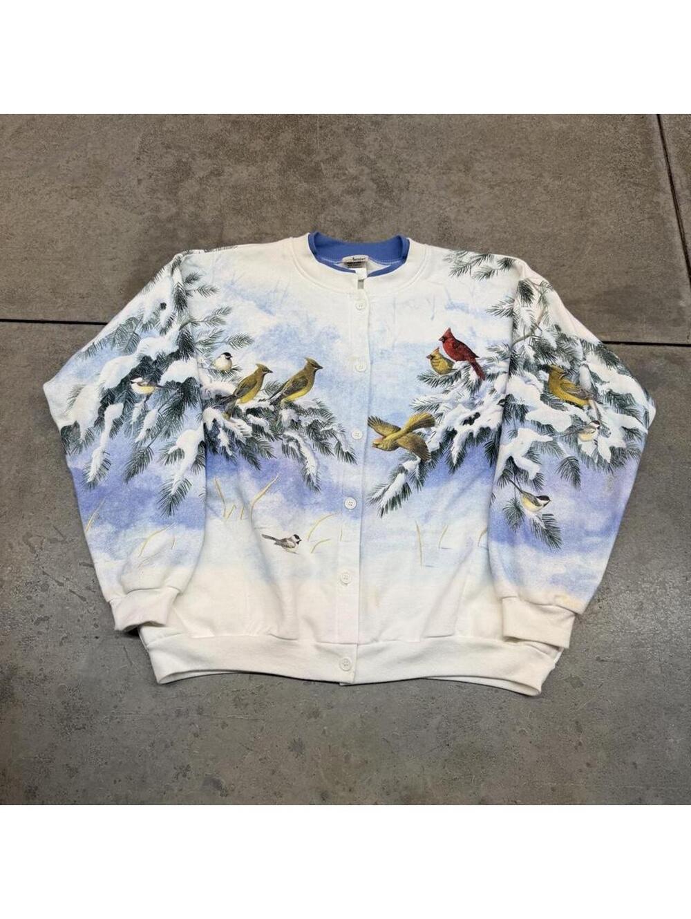 vintage artisans designs white blue button down bird nature animal sweatshirt